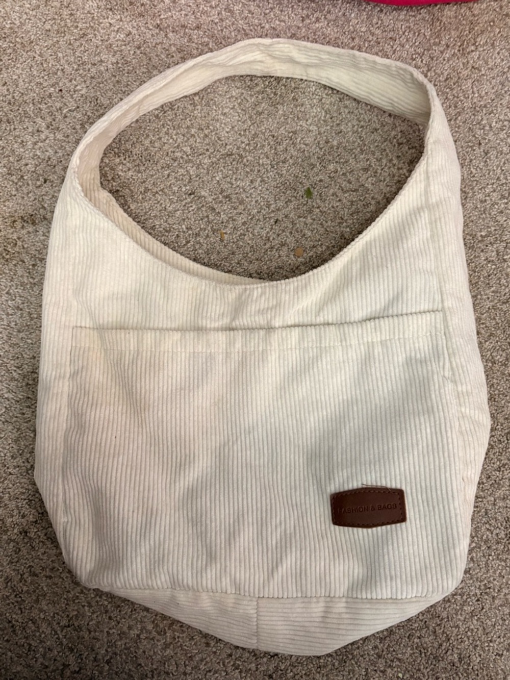 Cream Corduroy Hobo Bag with Leather Patch